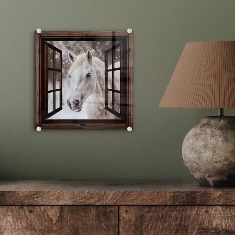 Glas schilderij - Doorkijk - Paard - Wit - Winterlandschap - Sneeuw — 4