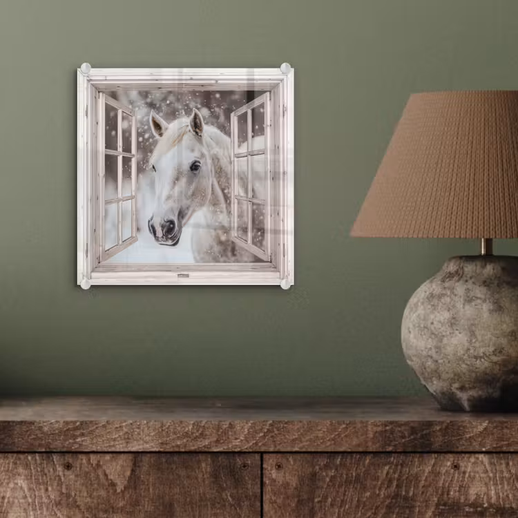 Glas schilderij - Paard - Wit - Winter - Sneeuw - Doorkijk - Dieren — 4
