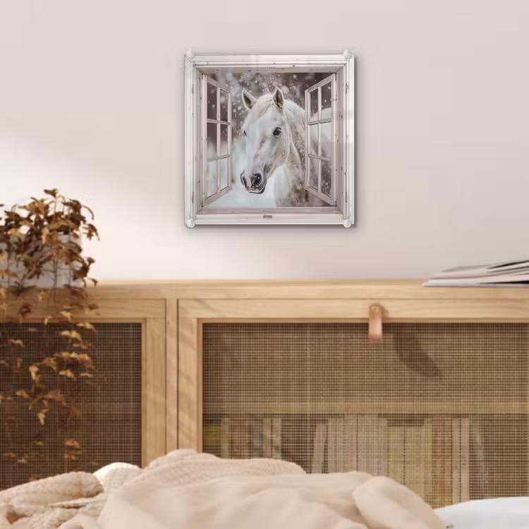 Glas schilderij - Paard - Wit - Winter - Sneeuw - Doorkijk - Dieren — 5