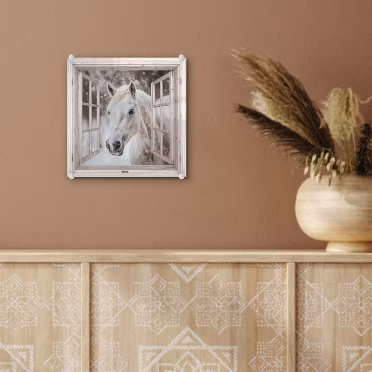 Glas schilderij - Paard - Wit - Winter - Sneeuw - Doorkijk - Dieren — 6