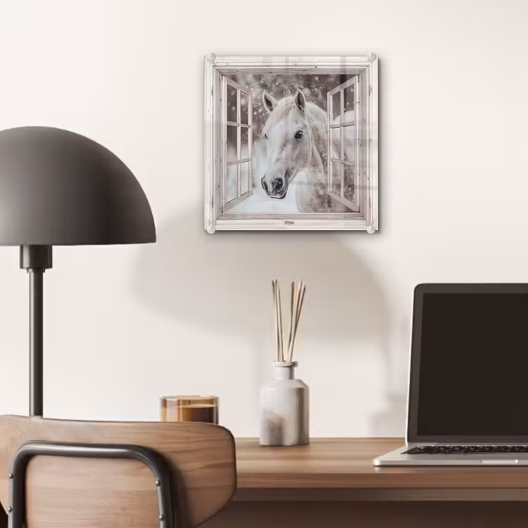 Glas schilderij - Paard - Wit - Winter - Sneeuw - Doorkijk - Dieren — 7