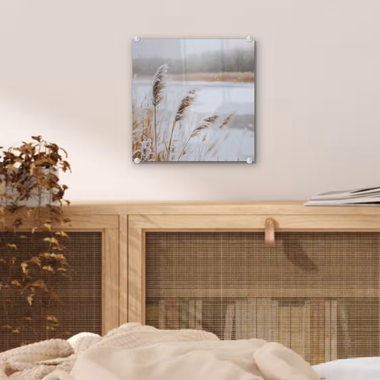 Glas schilderij - Riet - Meer - Winter - Natuur - Sneeuw - Beige — 5