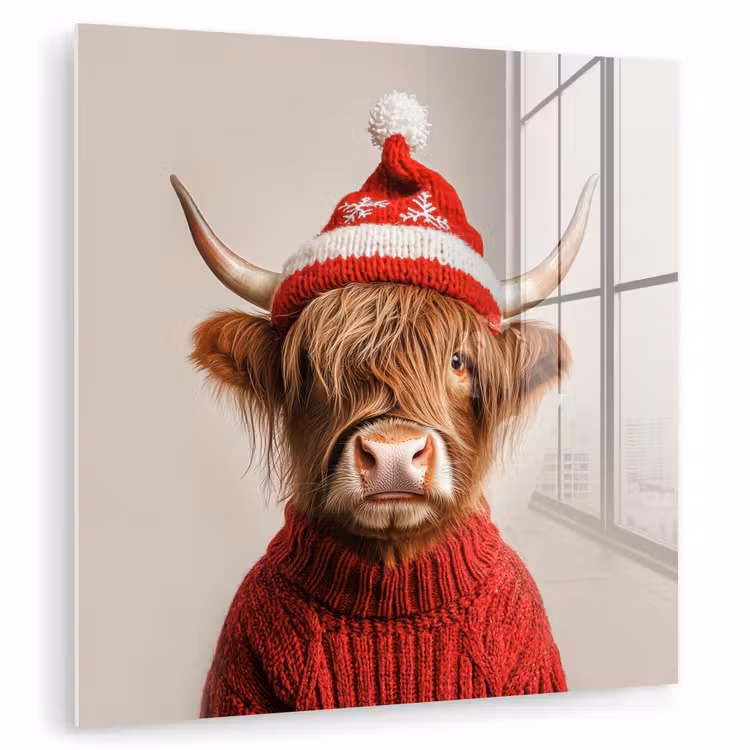 Glas schilderij - Schotse Hooglander - Kerst - Muts - Trui - Winter — 1
