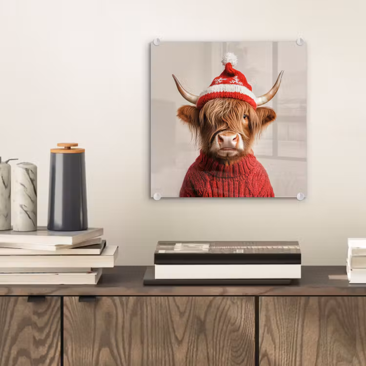 Glas schilderij - Schotse Hooglander - Kerst - Muts - Trui - Winter — 2