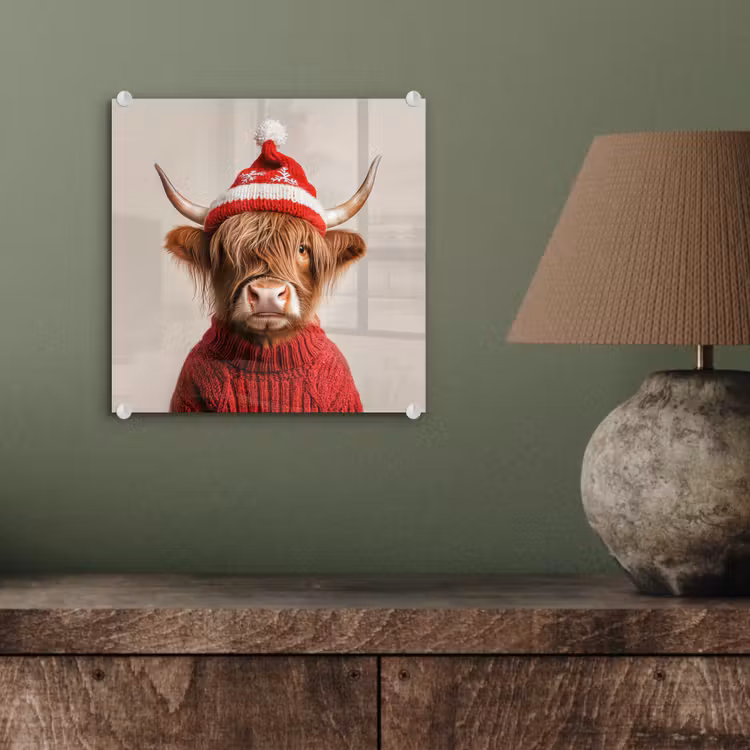 Glas schilderij - Schotse Hooglander - Kerst - Muts - Trui - Winter — 4