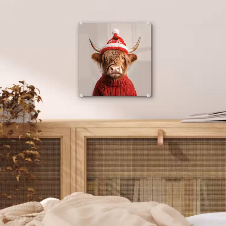 Glas schilderij - Schotse Hooglander - Kerst - Muts - Trui - Winter — 5