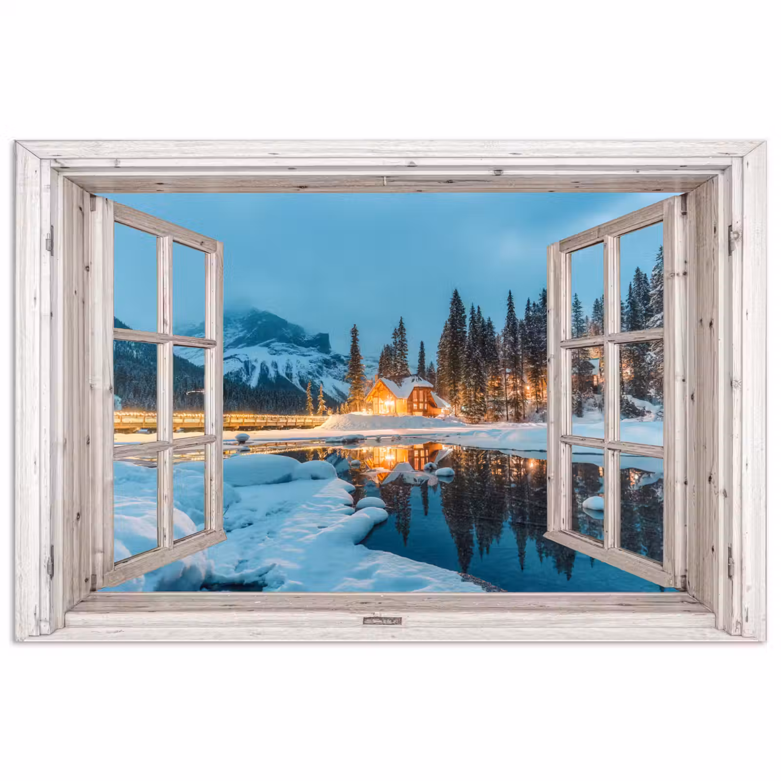 Poster - Doorkijk - Winterlandschap - Natuur - Huis - Bergen — 1