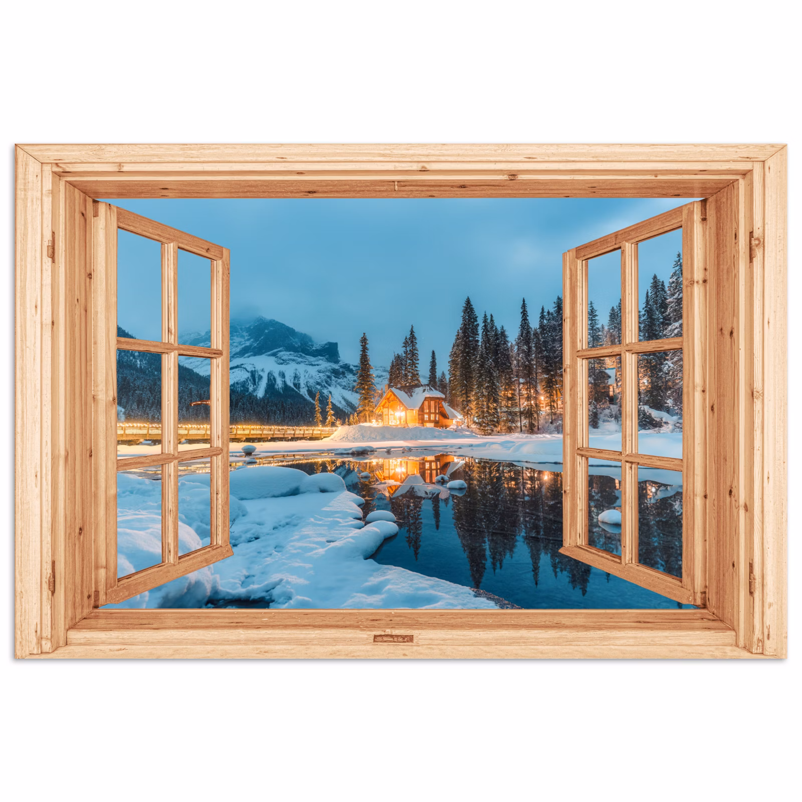 Poster - Winterlandschap - Natuur - Huis - Bergen - Doorkijk - Raam — 1