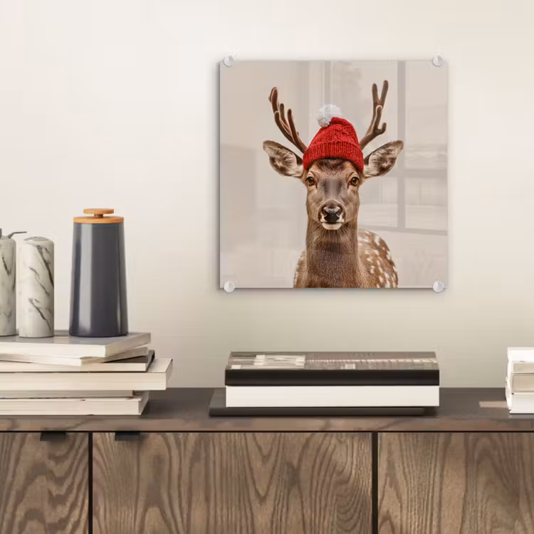 Glas schilderij - Hert - Kerst - Muts - Dieren - Winter - Grappig — 2