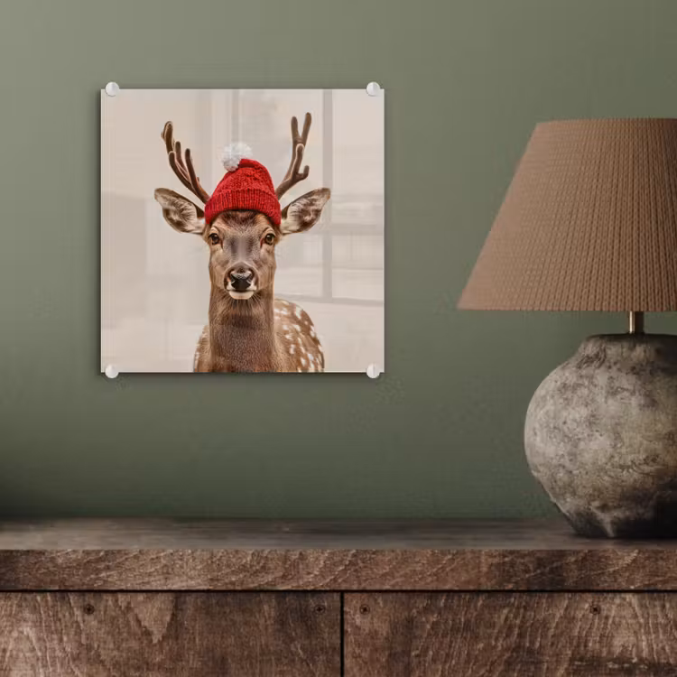 Glas schilderij - Hert - Kerst - Muts - Dieren - Winter - Grappig — 4