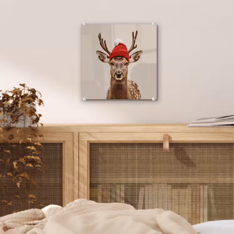 Glas schilderij - Hert - Kerst - Muts - Dieren - Winter - Grappig — 5