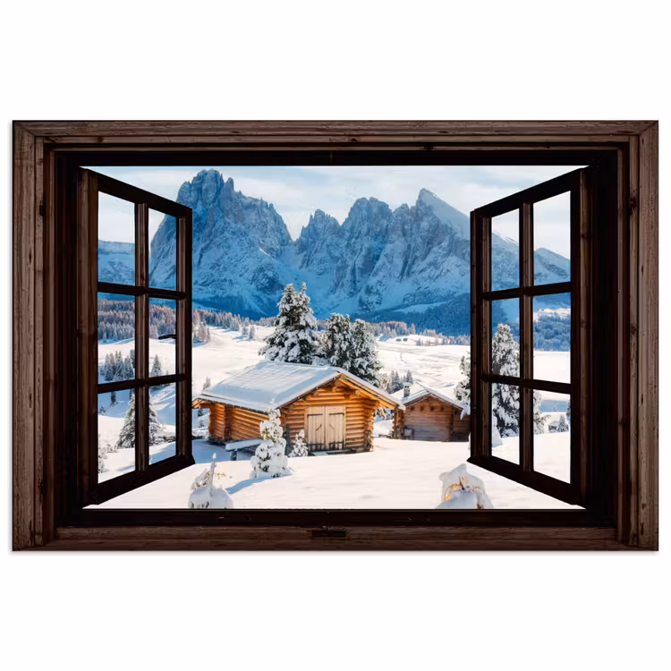 Poster - Doorkijk - Winter - Landschap - Huisje - Bergen — 1