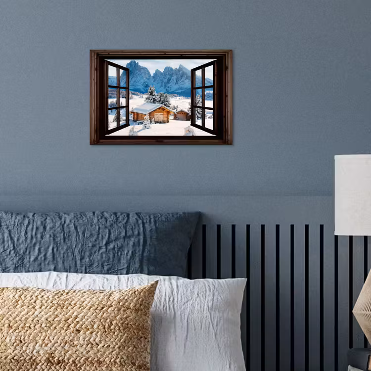 Poster - Doorkijk - Winter - Landschap - Huisje - Bergen — 3