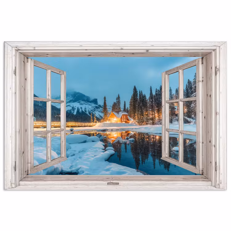 Poster - Doorkijk - Winterlandschap - Natuur - Huis - Bergen — 1