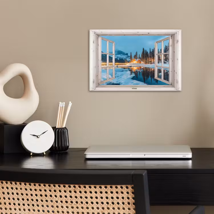 Poster - Doorkijk - Winterlandschap - Natuur - Huis - Bergen — 2