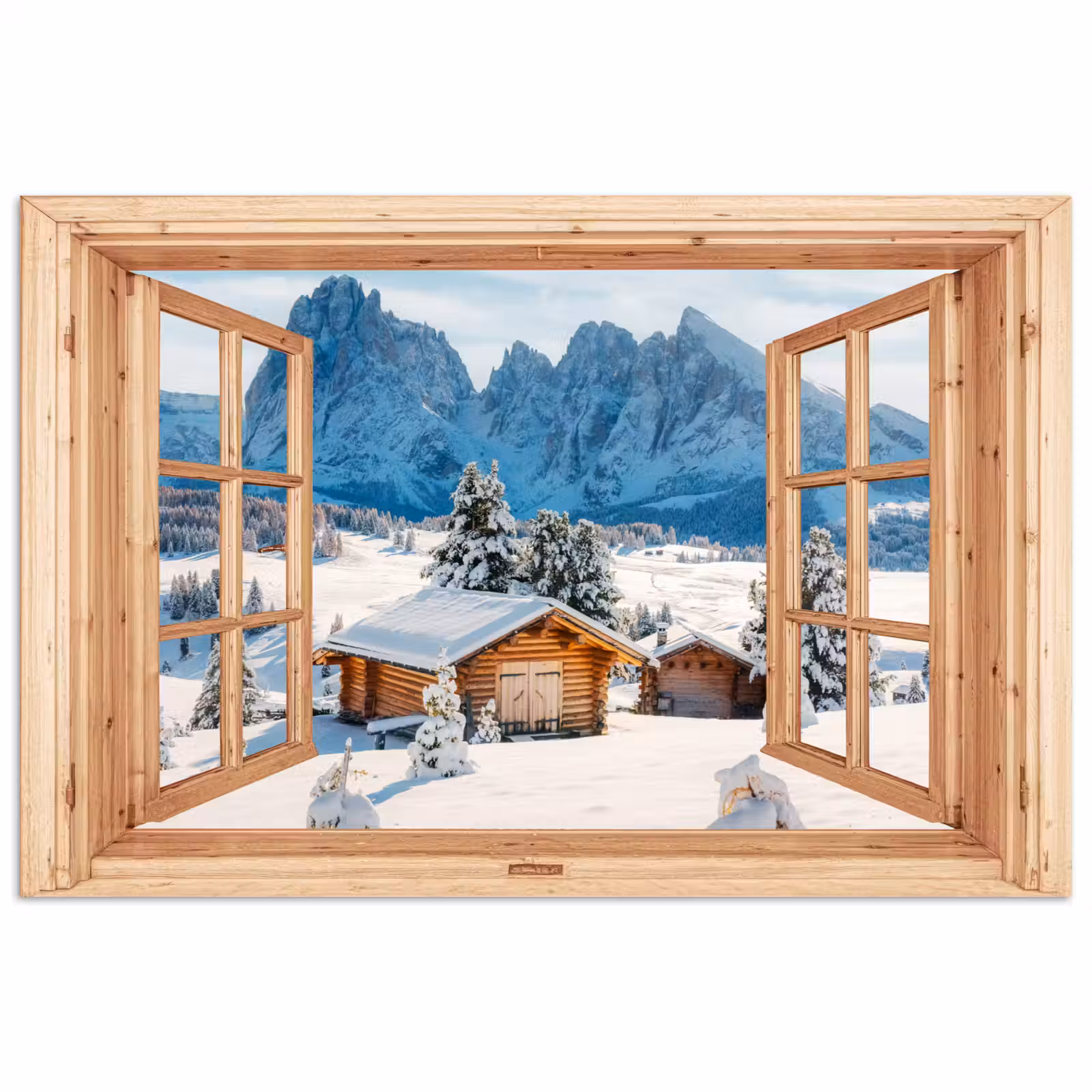 Poster - Doorkijk - Winterlandschap - Huisje - Bergen - Uitzicht — 1