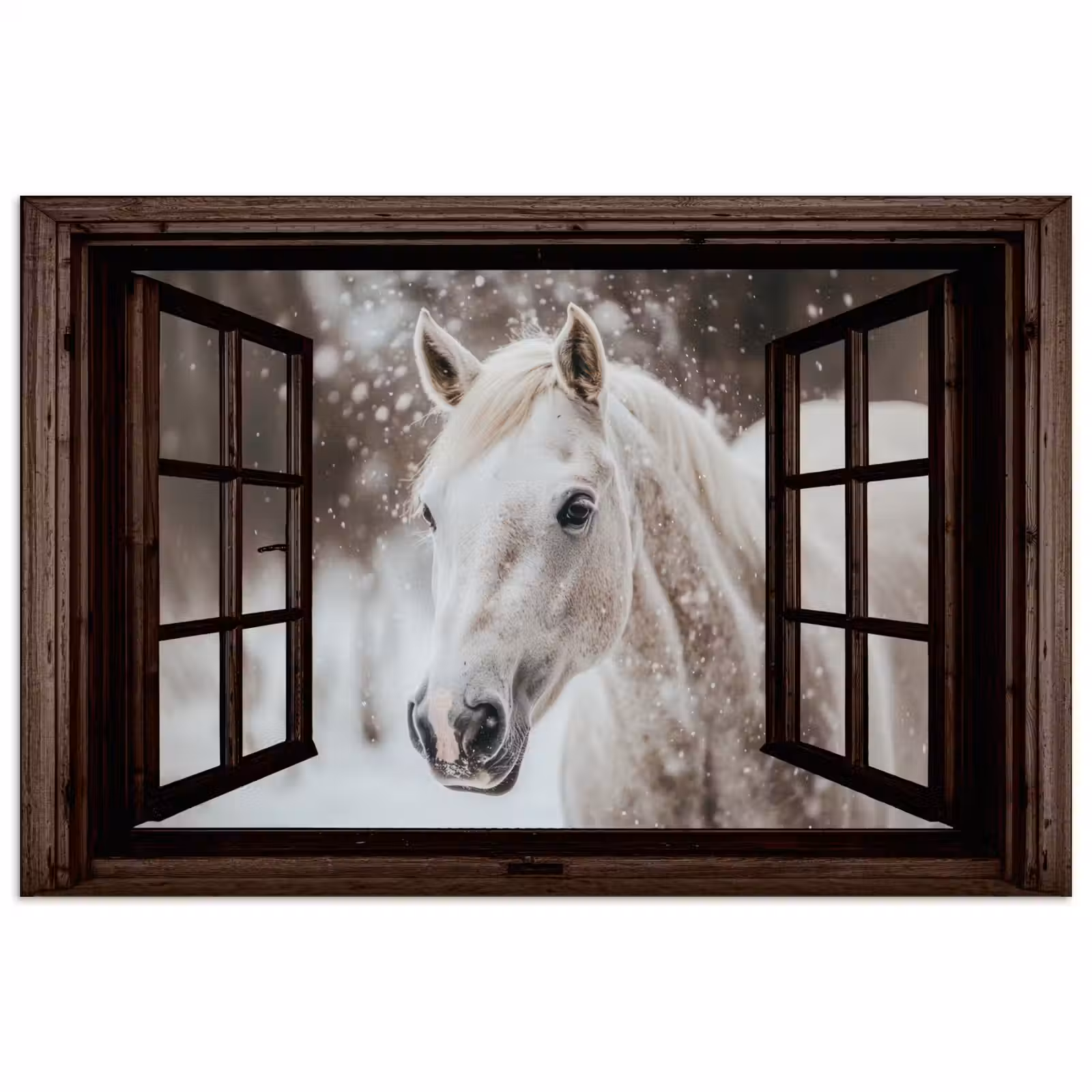 Poster - Doorkijk - Paard - Wit - Winterlandschap - Sneeuw — 1