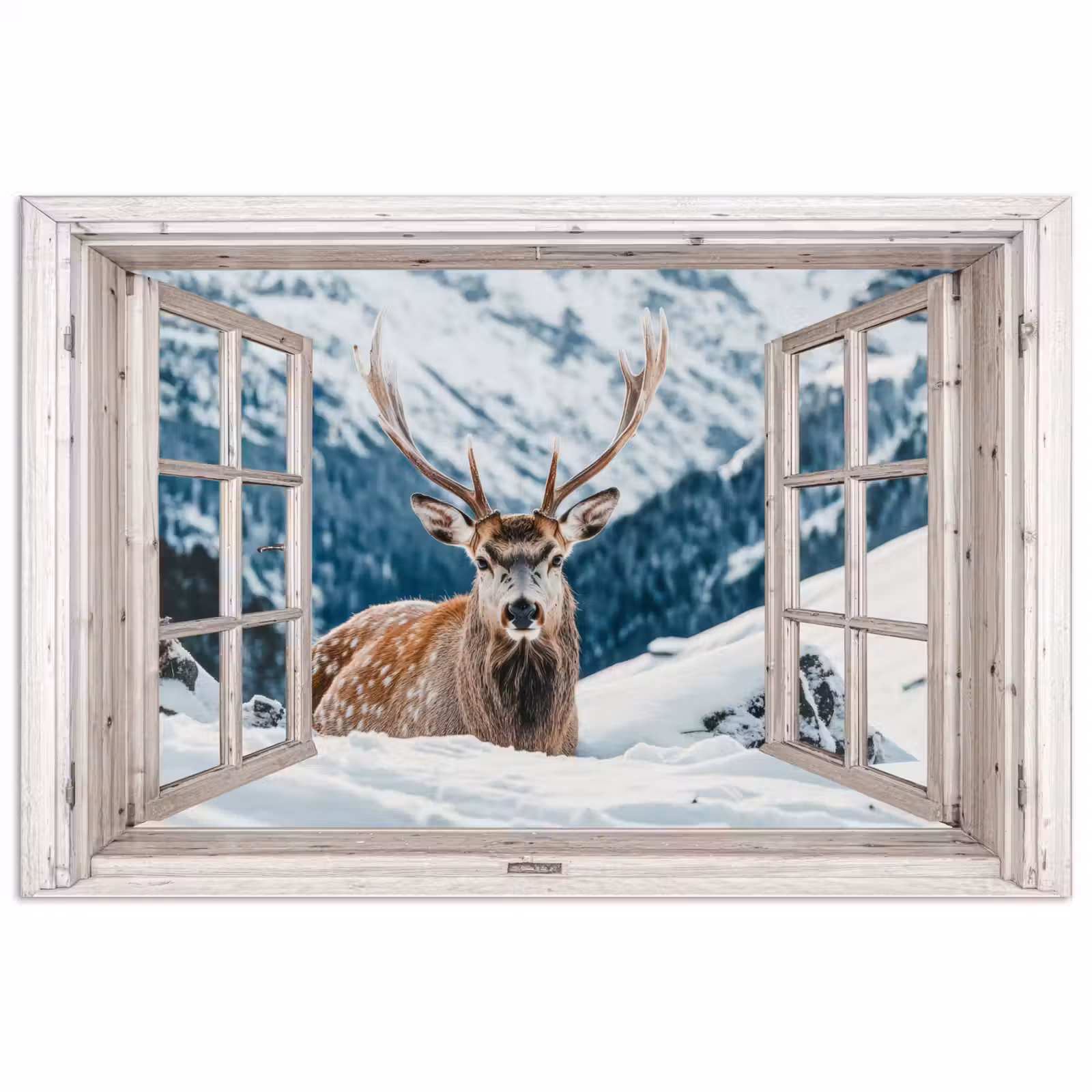 Poster - Hert - Winterlandschap - Natuur - Dieren - Doorkijk - Bergen — 1