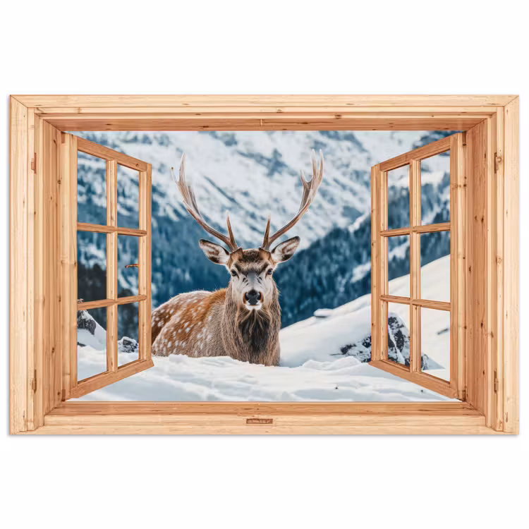 Poster - Doorkijk - Hert - Landschap - Winter - Natuur - Dieren - Bergen — 1