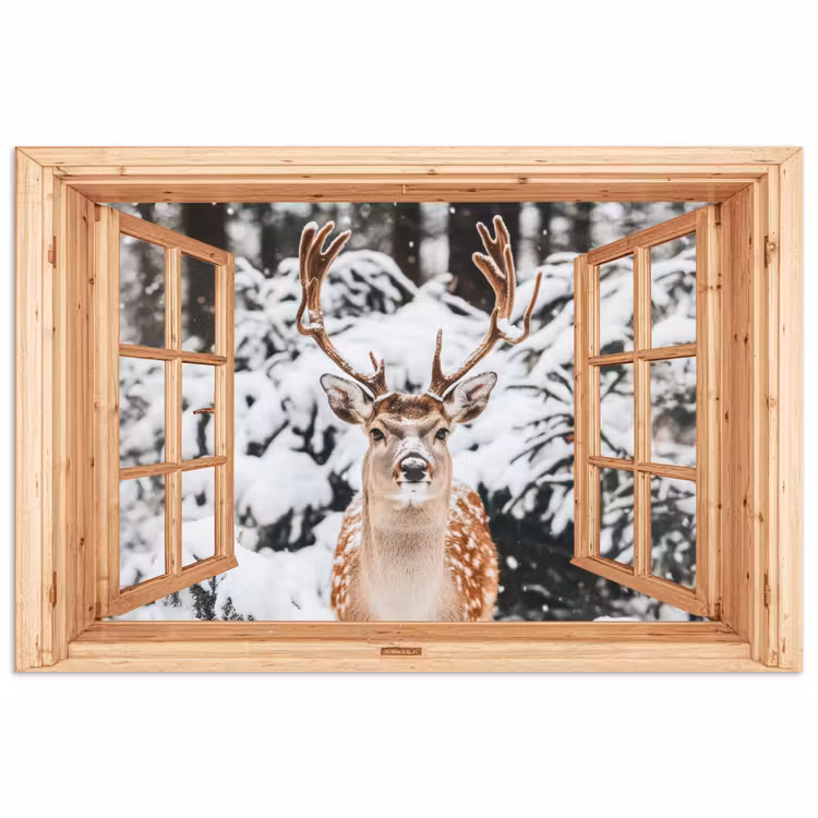 Poster - Doorkijk - Hert - Sneeuw - Winter - Bos - Dieren — 1