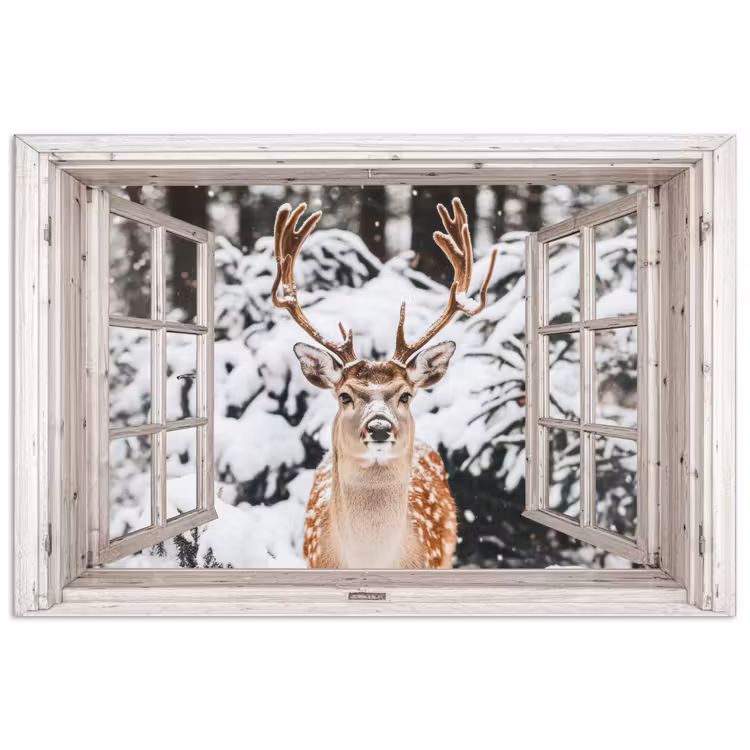 Poster - Doorkijk - Hert - Sneeuw - Winter - Bos - Dieren - Natuur — 1