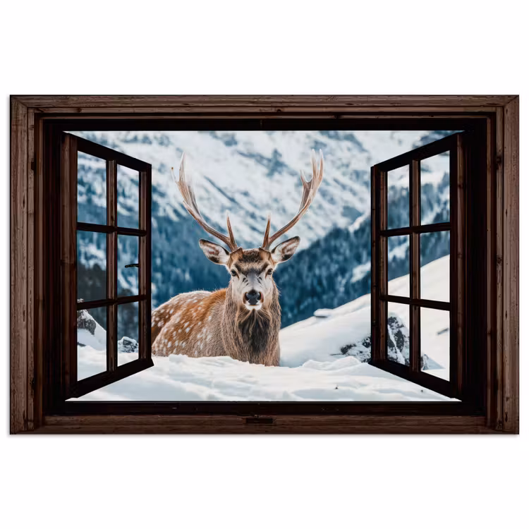 Poster - Hert - Landschap - Winter - Natuur - Dieren - Doorkijk - Bergen — 1
