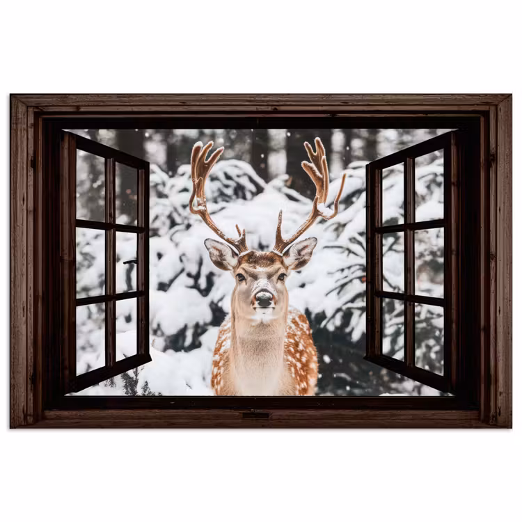 Poster - Hert - Sneeuw - Winter - Bos - Dieren - Doorkijk — 1