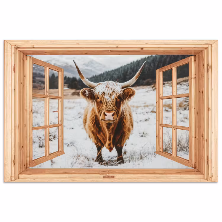 Poster - Schotse Hooglander - Landschap - Landelijk - Bergen - Winter - Doorkijk — 1