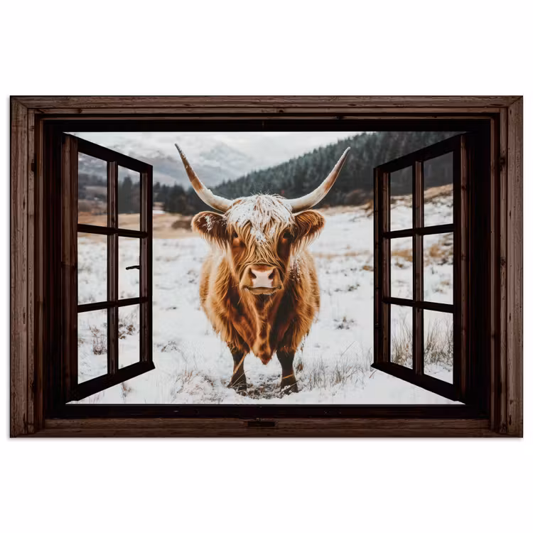 Poster - Schotse Hooglander - Landschap - Landelijk - Bergen - Winter - Doorkijk - Donker — 1