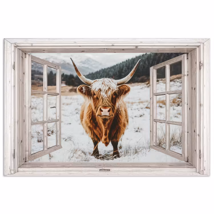 Poster - Schotse Hooglander - Winterlandschap - Landelijk - Bergen - Doorkijk — 1