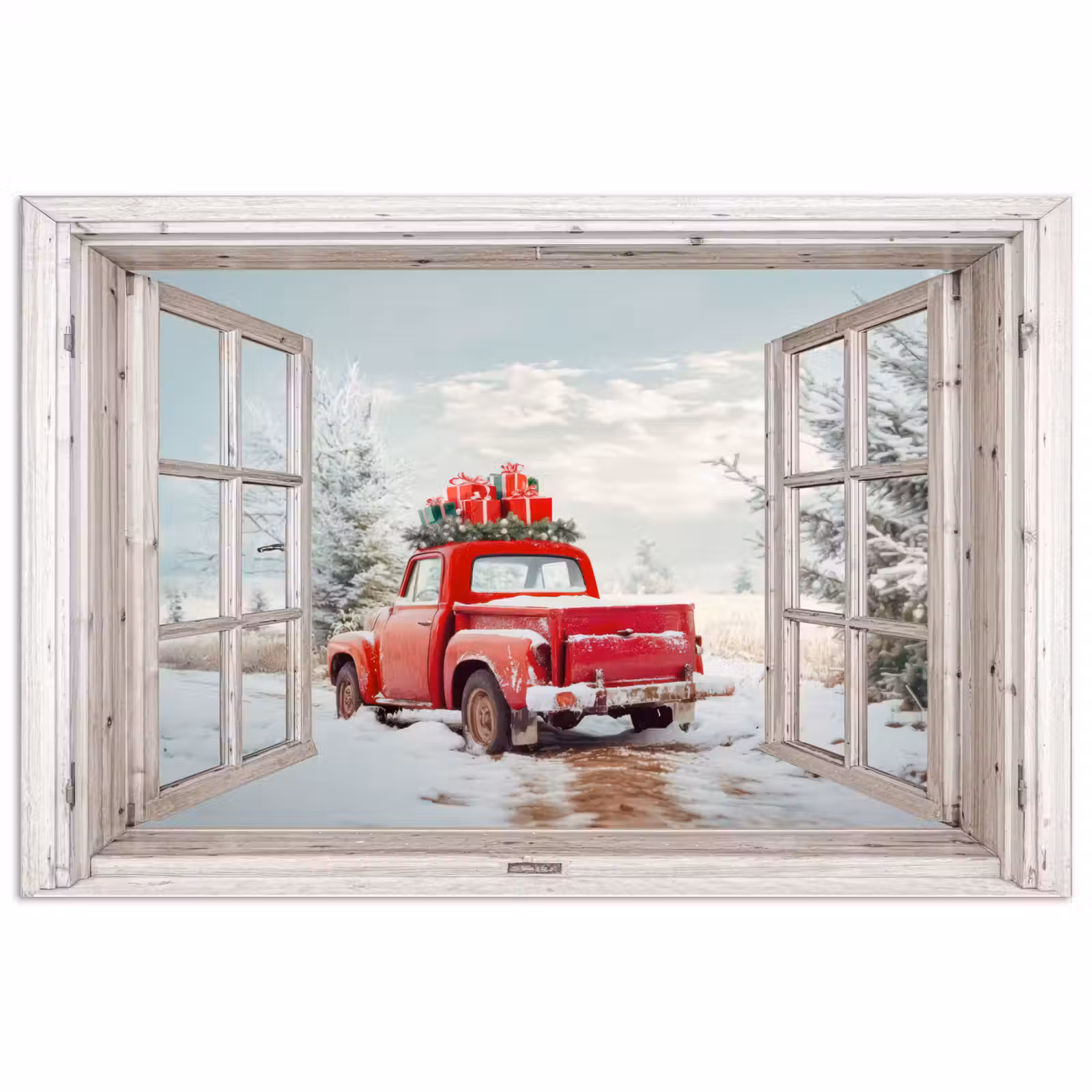 Poster - Auto - Rood - Cadeaus - Winter - Kerst - Doorkijk - Wit — 1