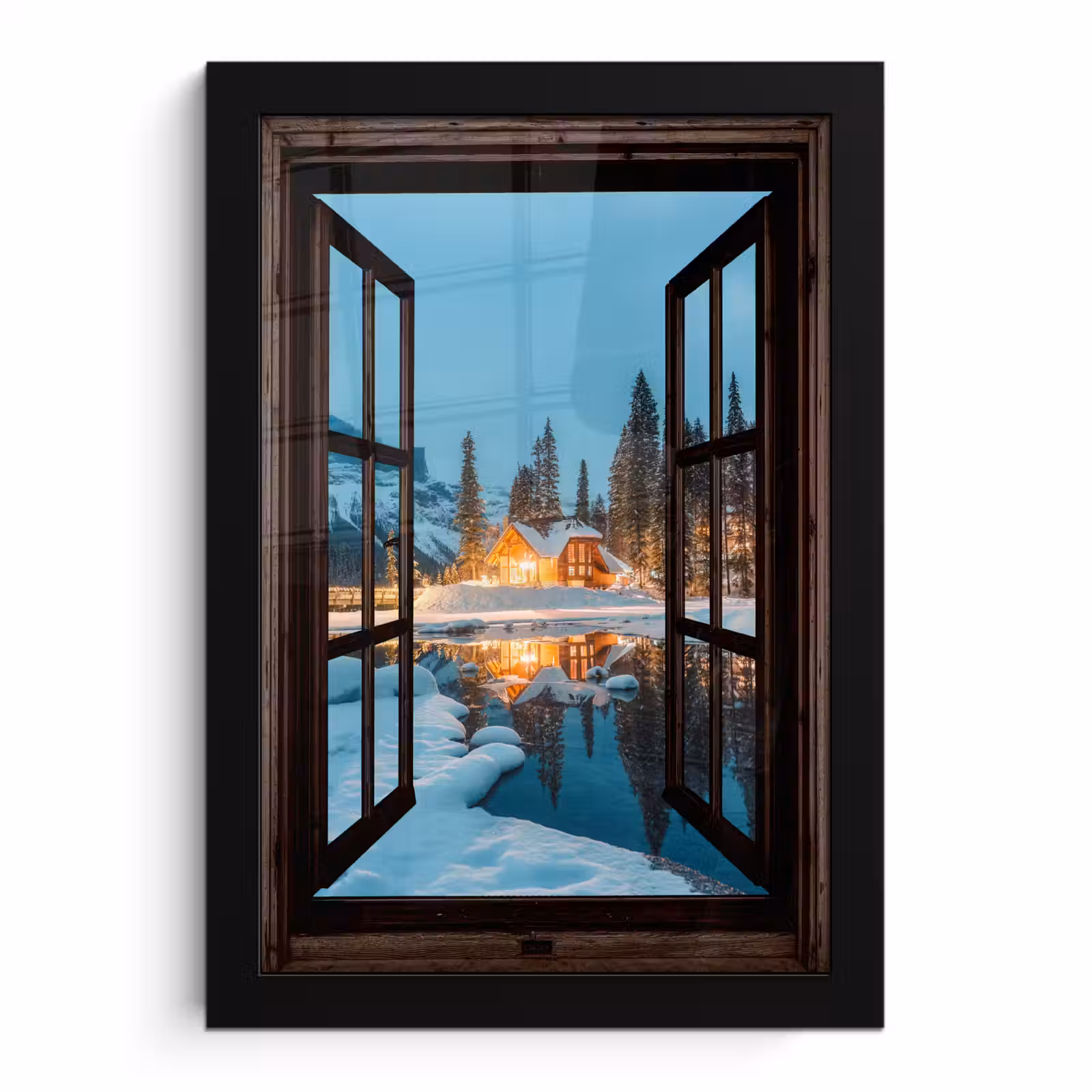 Poster met lijst - Doorkijk - Winter - Landschap - Natuur - Huis - Bergen — 1