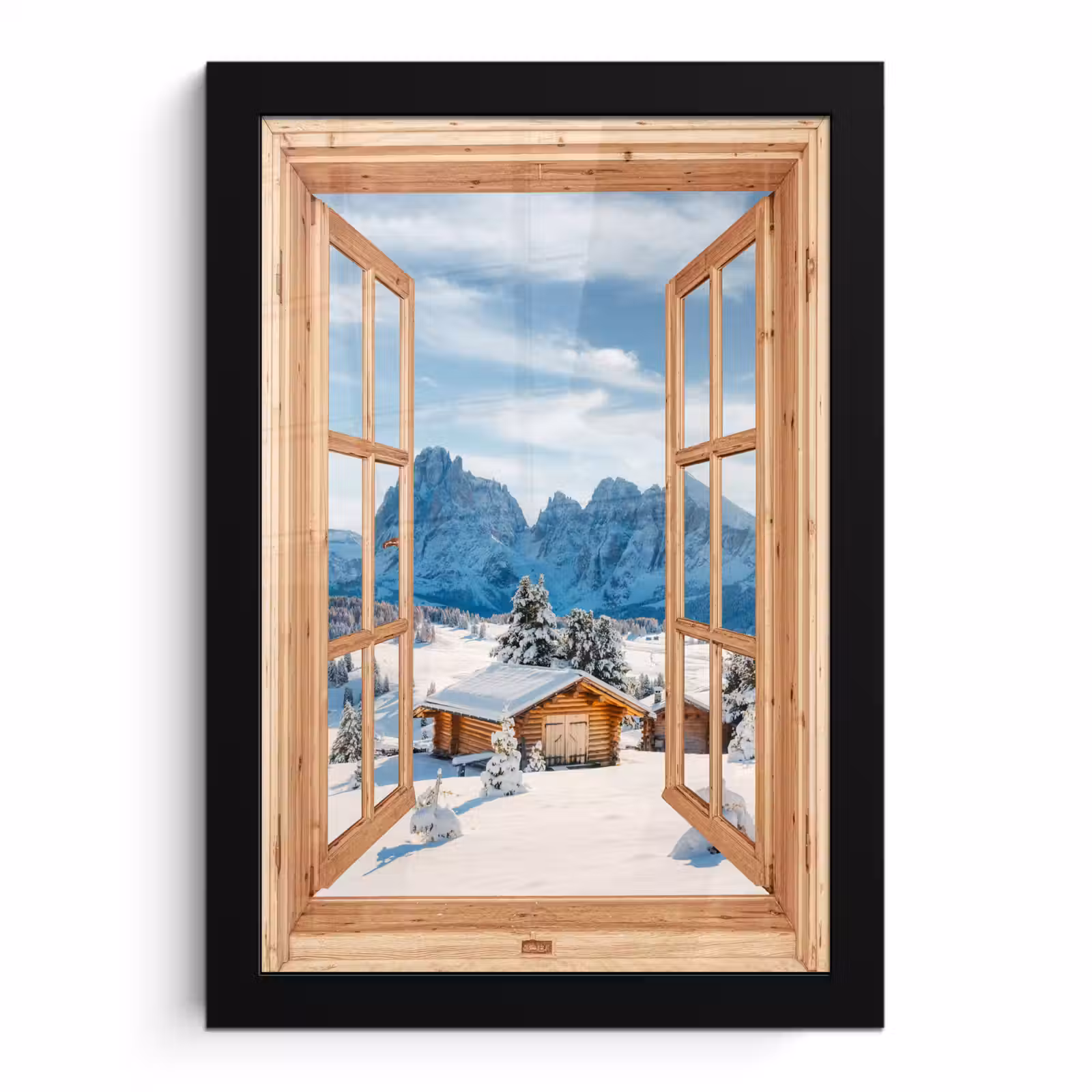 Poster met lijst - Doorkijk - Winterlandschap - Huisje - Bergen - Uitzicht — 1