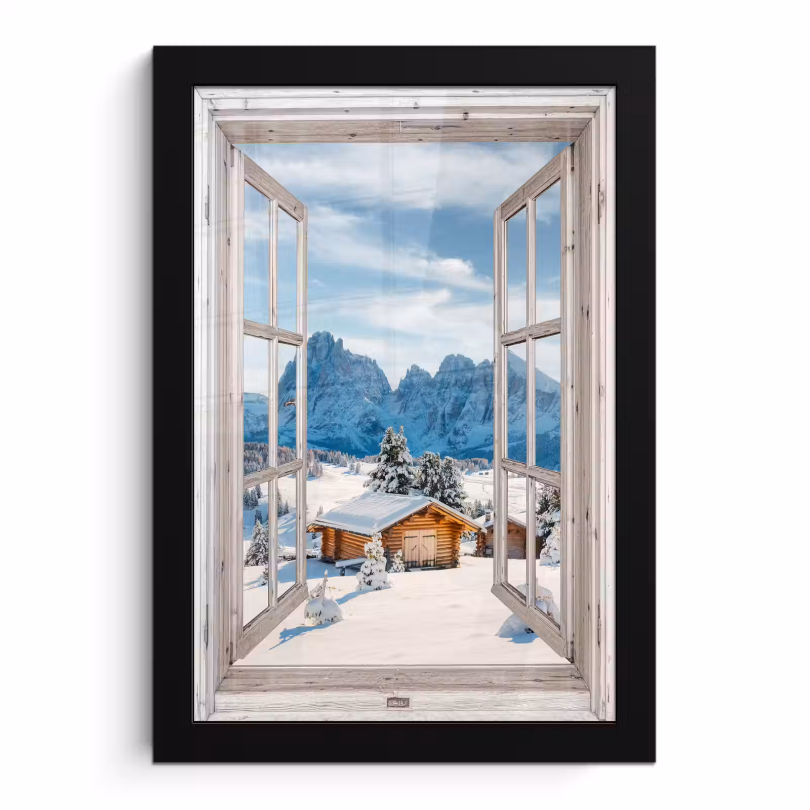 Poster met lijst - Winterlandschap - Huisje - Bergen - Uitzicht - Doorkijk - Natuur — 1