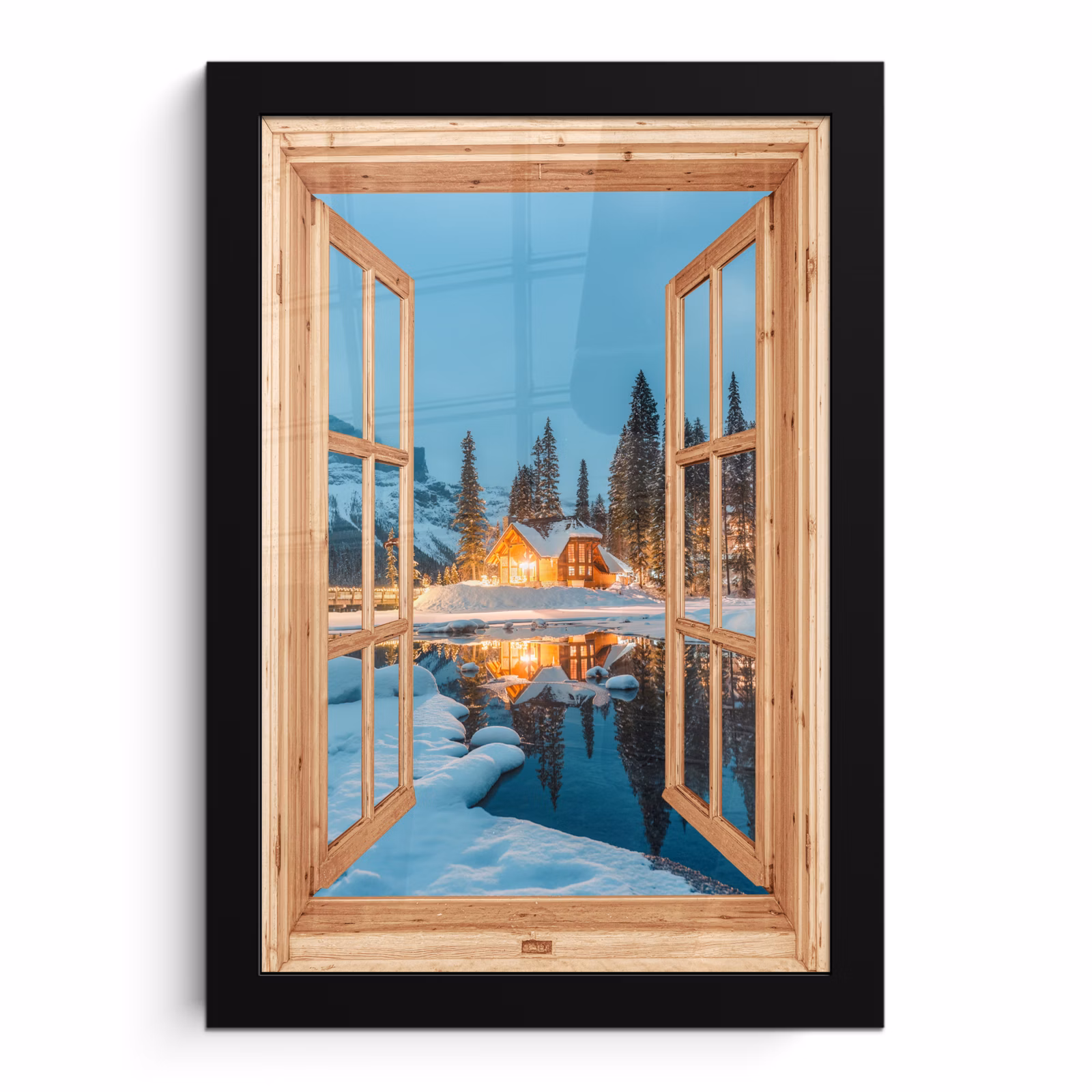 Poster met lijst - Winterlandschap - Natuur - Huis - Bergen - Doorkijk - Raam — 1
