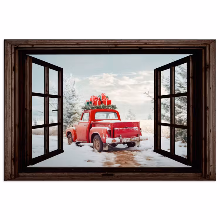 Poster - Doorkijk - Auto - Rood - Cadeaus - Winterlandschap - Kerst — 1