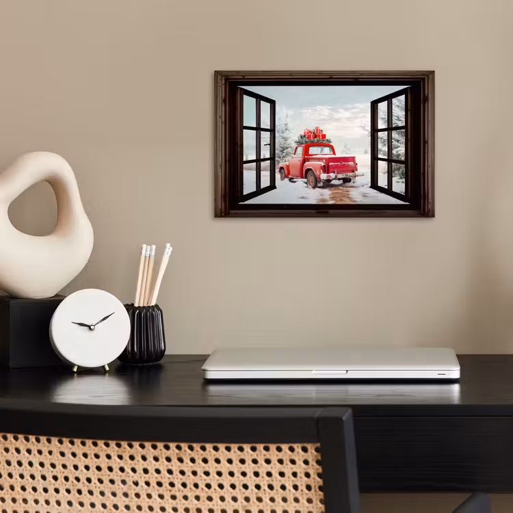 Poster - Doorkijk - Auto - Rood - Cadeaus - Winterlandschap - Kerst — 2