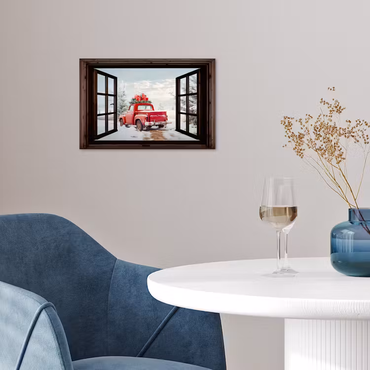 Poster - Doorkijk - Auto - Rood - Cadeaus - Winterlandschap - Kerst — 4