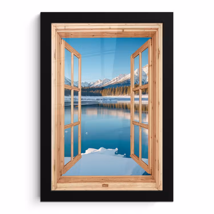 Poster met lijst - Doorkijk - Landschap - Winter - Meer - Bergen - Uitzicht — 1