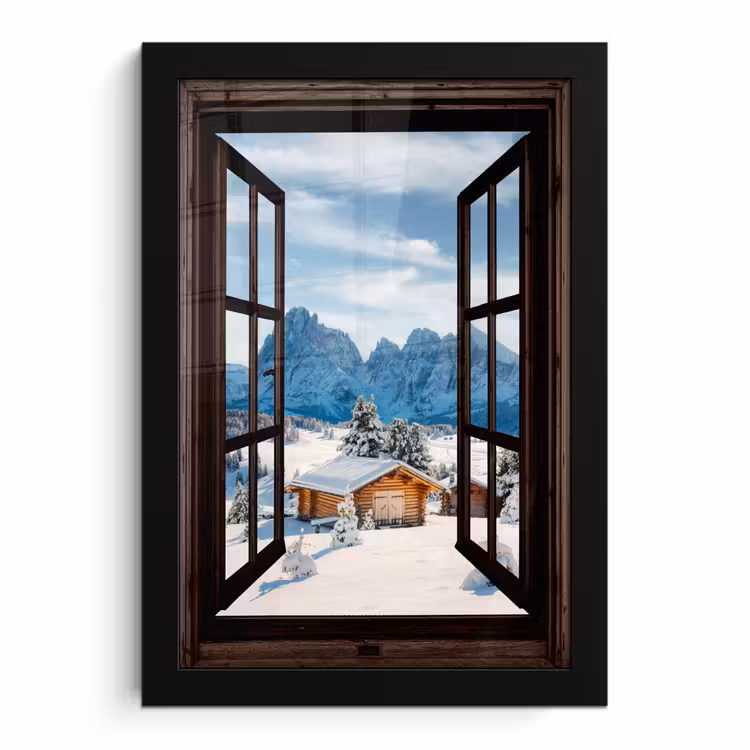 Poster met lijst - Doorkijk - Winter - Landschap - Huisje - Bergen — 1