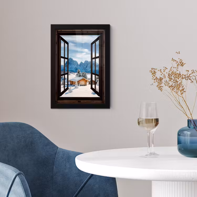 Poster met lijst - Doorkijk - Winter - Landschap - Huisje - Bergen — 2