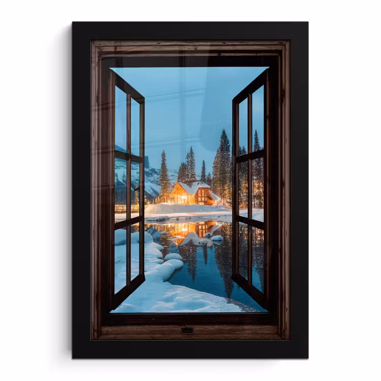 Poster met lijst - Doorkijk - Winter - Landschap - Natuur - Huis - Bergen — 1