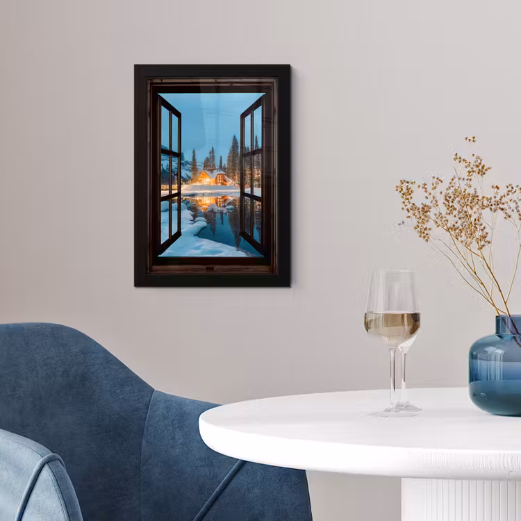 Poster met lijst - Doorkijk - Winter - Landschap - Natuur - Huis - Bergen — 2