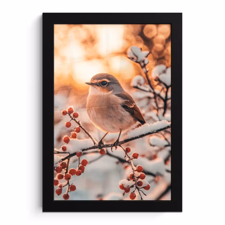 Poster met lijst - Vogel - Tak - Winter - Dieren - Sneeuw — 1