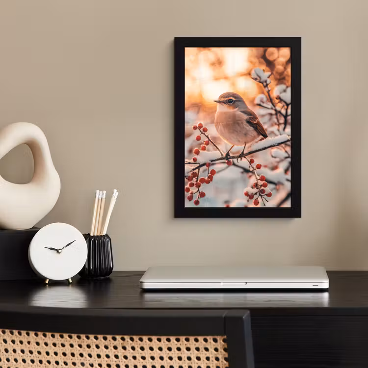 Poster met lijst - Vogel - Tak - Winter - Dieren - Sneeuw — 3