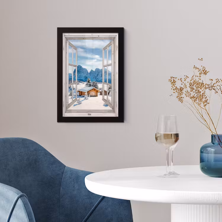 Poster met lijst - Winterlandschap - Huisje - Bergen - Uitzicht - Doorkijk - Natuur — 2