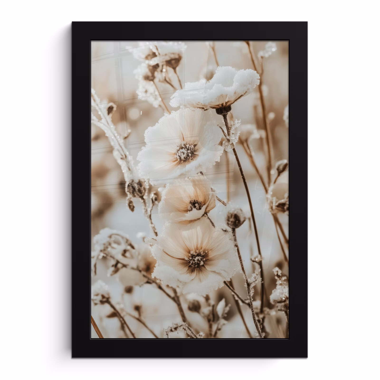 Poster met lijst - Bloemen - Winter - Wit - Sneeuw - Beige — 1
