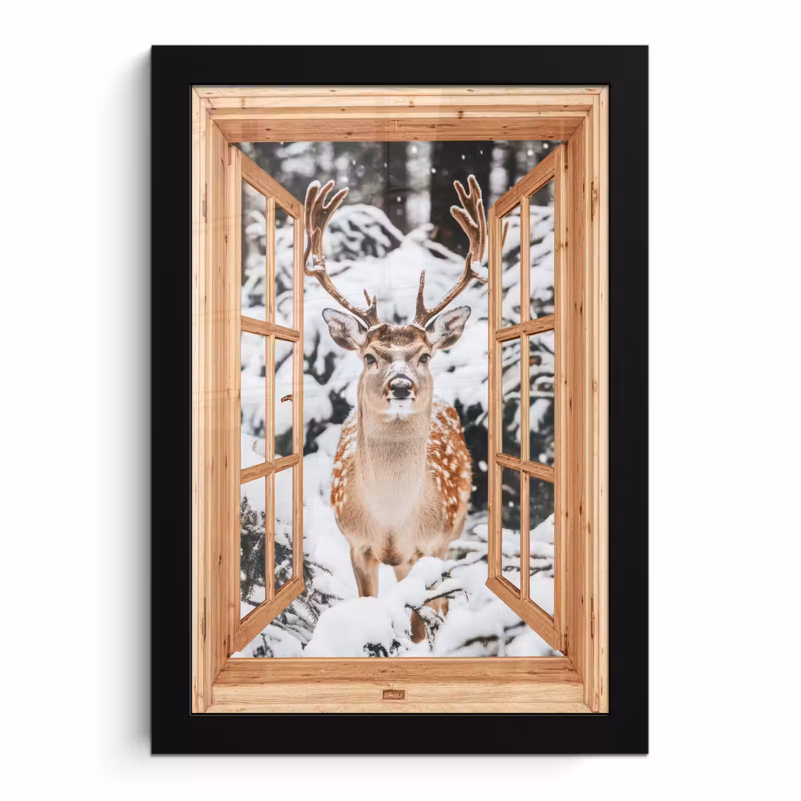 Poster met lijst - Doorkijk - Hert - Sneeuw - Winter - Bos - Dieren — 1
