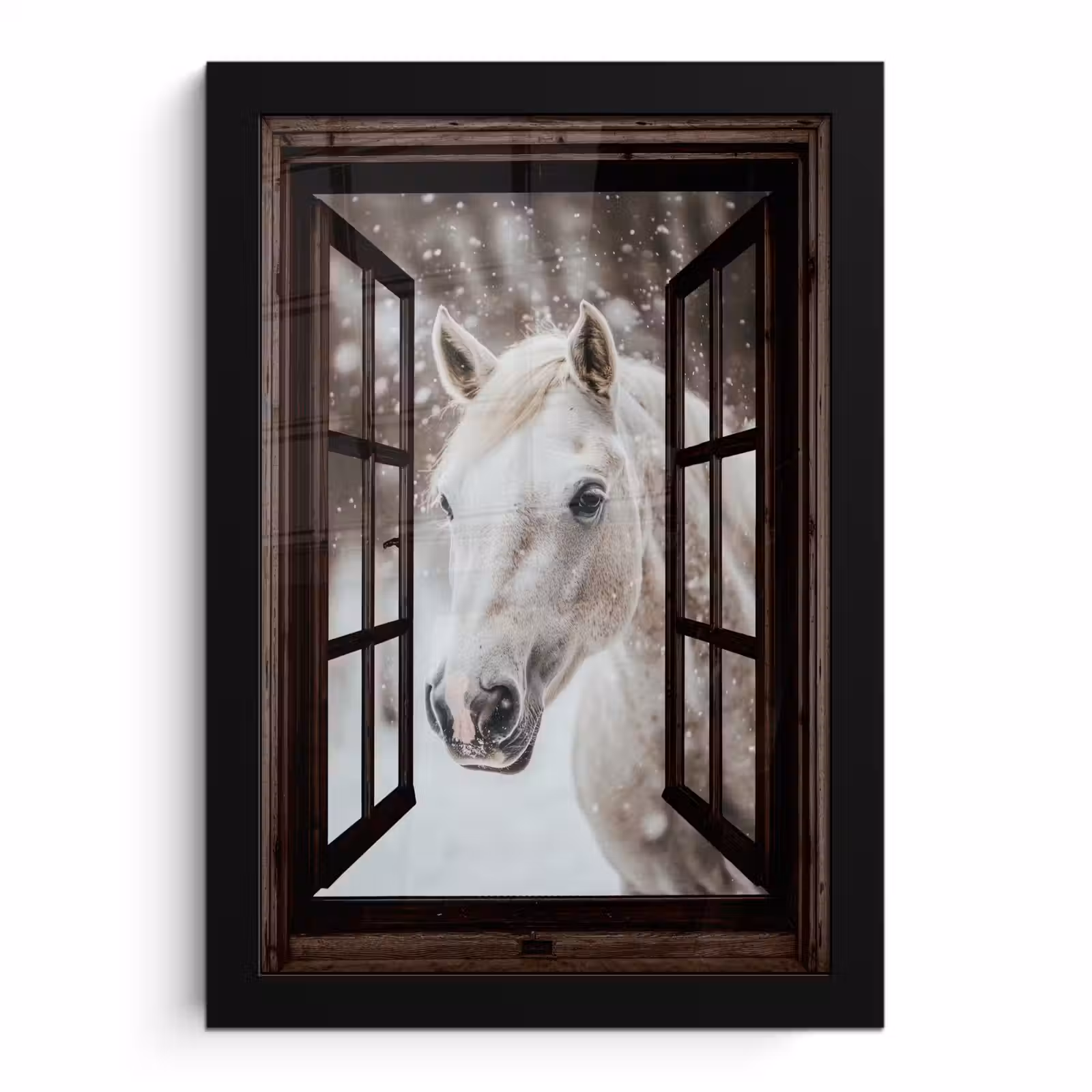 Poster met lijst - Doorkijk - Paard - Wit - Winterlandschap - Sneeuw — 1