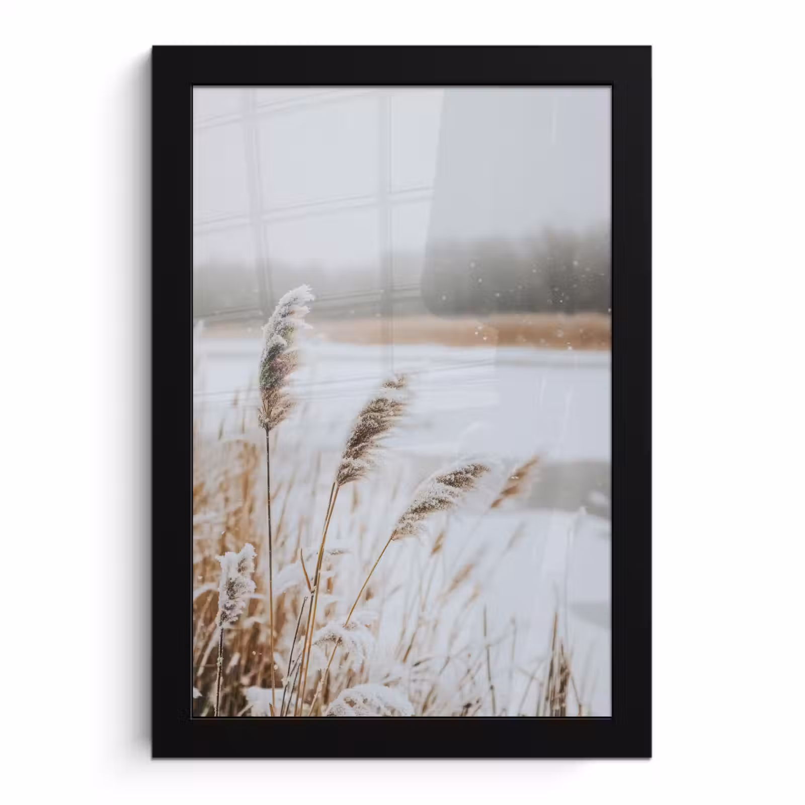 Poster met lijst - Riet - Meer - Winter - Natuur - Sneeuw - Beige — 1